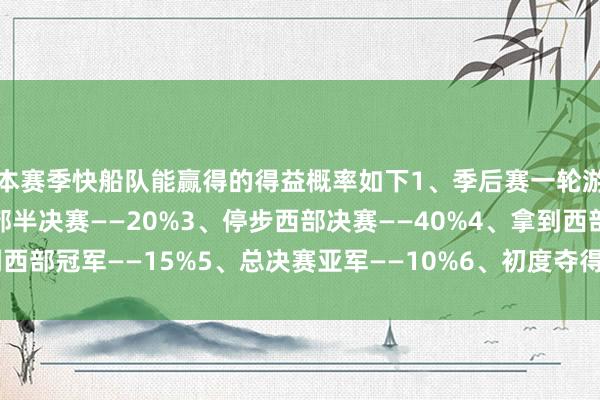 本赛季快船队能赢得的得益概率如下1、季后赛一轮游——10%2、停步西部半决赛——20%3、停步西部决赛——40%4、拿到西部冠军——15%5、总决赛亚军——10%6、初度夺得总冠军——5%宝威压牌